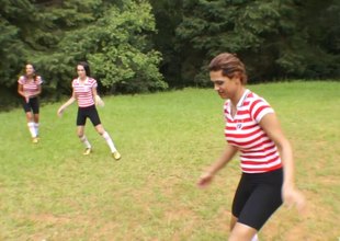 Super horny trannies playing soccer team fuck the male referee hardcore in a close up discharge